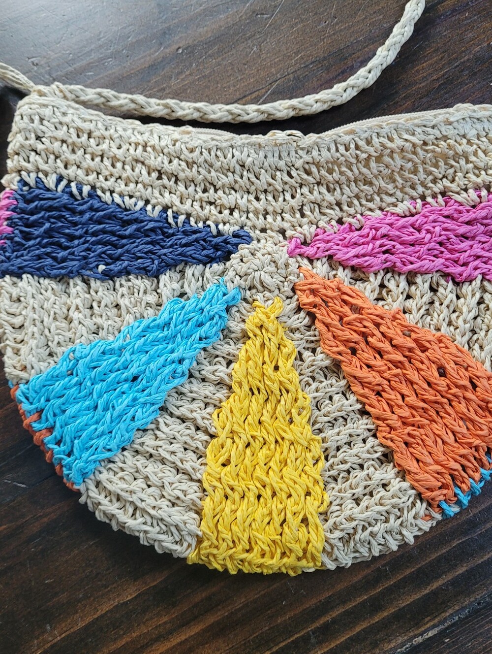 Uncharted Threads Tan Pink Blue  Rainbow Paper Straw-look Woven Crossbody Bag - Picture 6 of 12